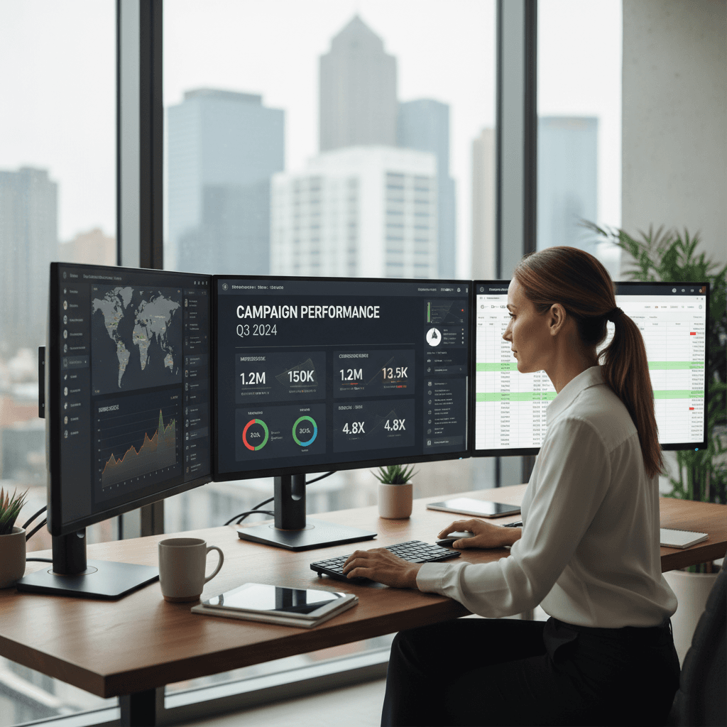 Digital marketing specialist managing ad campaigns with analytics dashboard