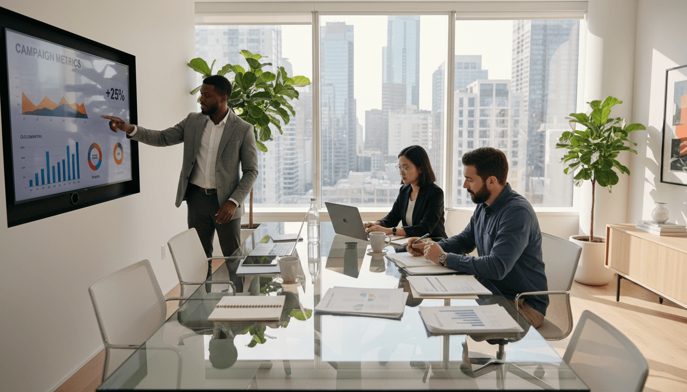 Marketing team reviewing campaign performance and strategy