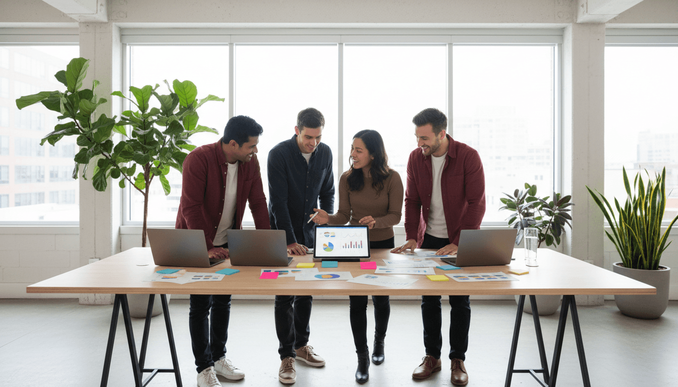 Marketing team collaborating on digital advertising strategy