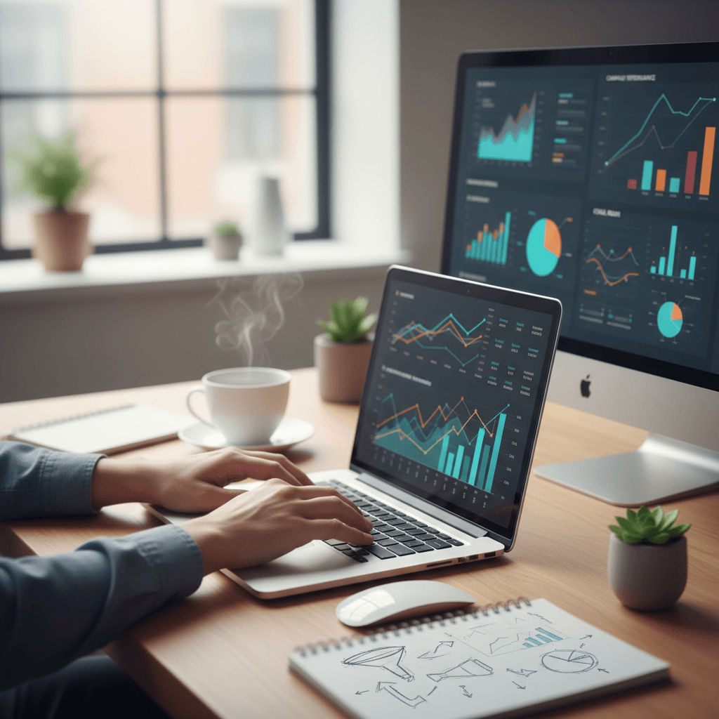 Digital marketing strategist analyzing campaign data on laptop